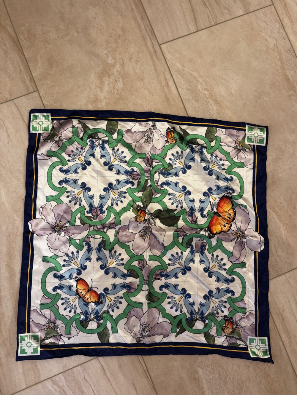 Vintage Mediterranean Butterfly Floral Satin Scarf Wrap 22 x 22